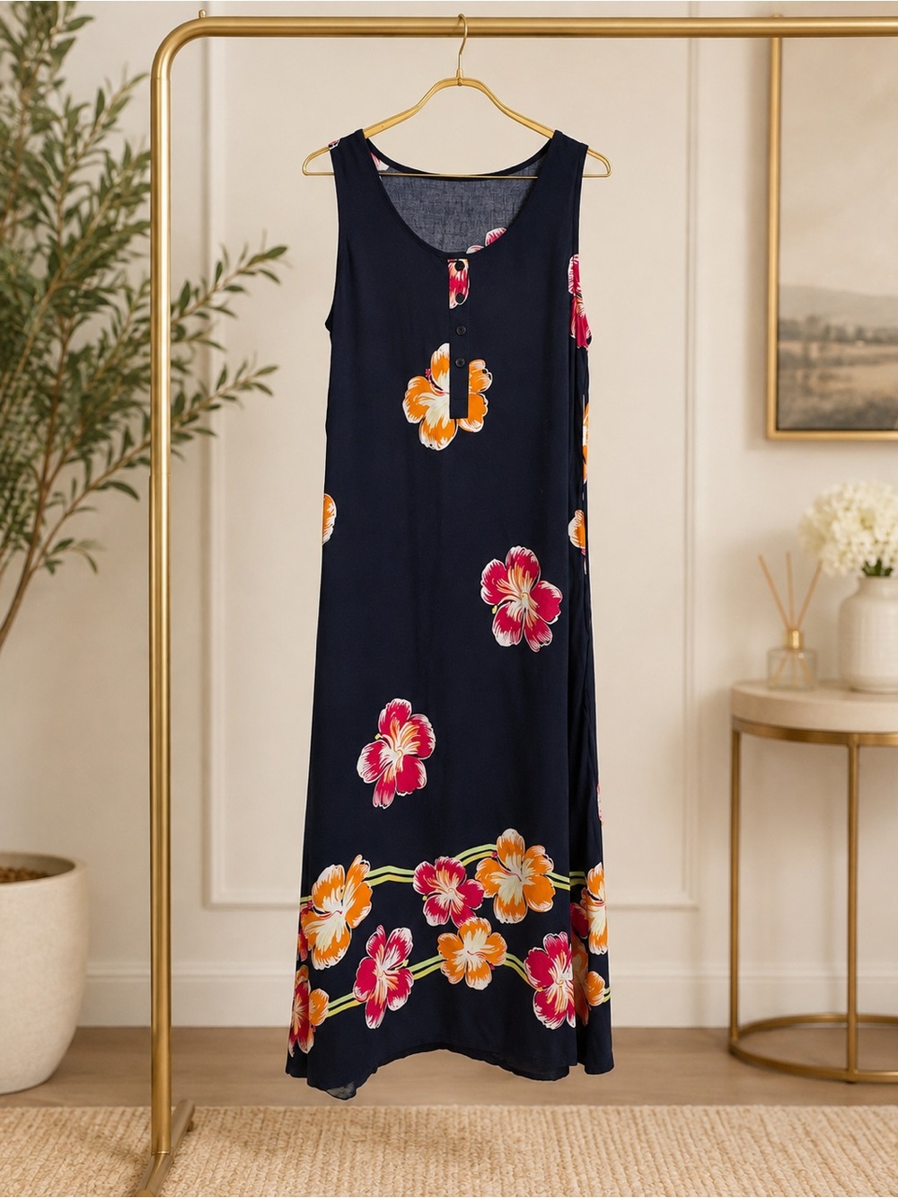 Down Under Womens L Navy Hibiscus Floral Sleeveless Rayon Maxi Dress